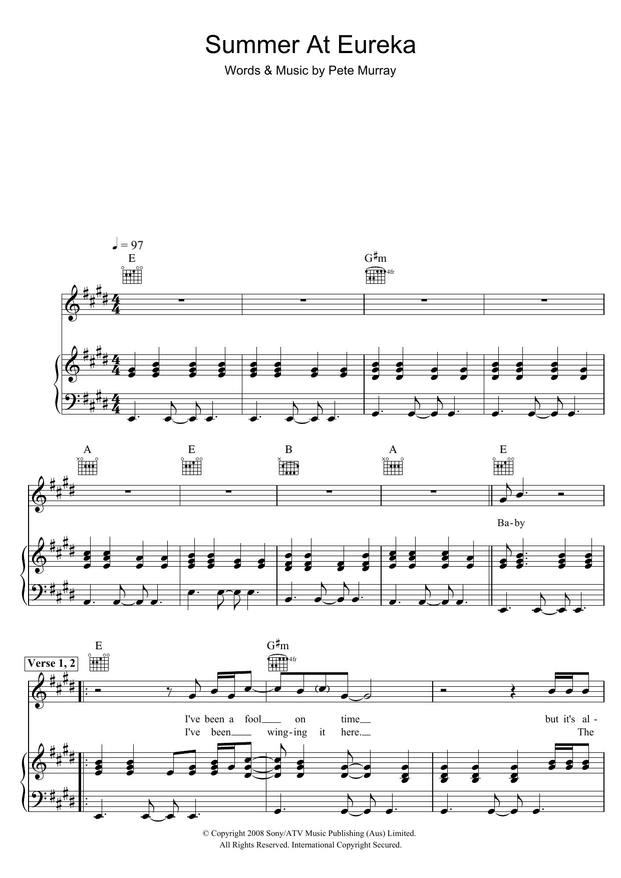 Pete Murray Summer At Eureka Sheet Music Notes & Chords for Piano, Vocal & Guitar (Right-Hand Melody) - Download or Print PDF