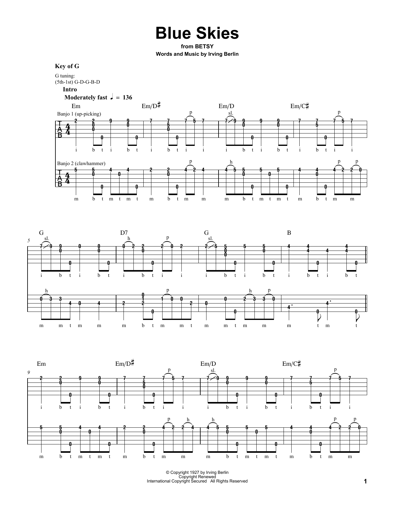 Pete Seeger Blue Skies Sheet Music Notes & Chords for Banjo - Download or Print PDF