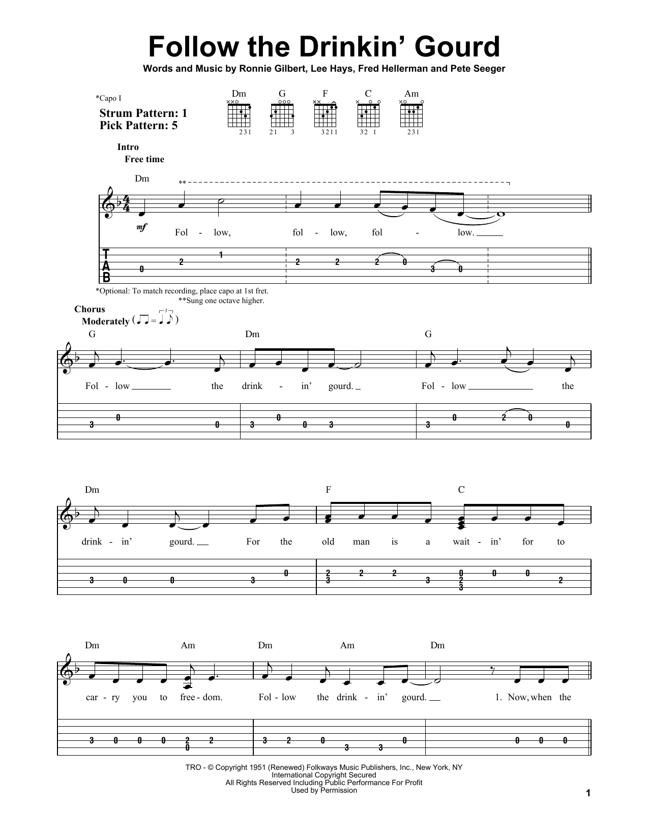Pete Seeger Follow The Drinkin' Gourd Sheet Music Notes & Chords for Easy Guitar Tab - Download or Print PDF