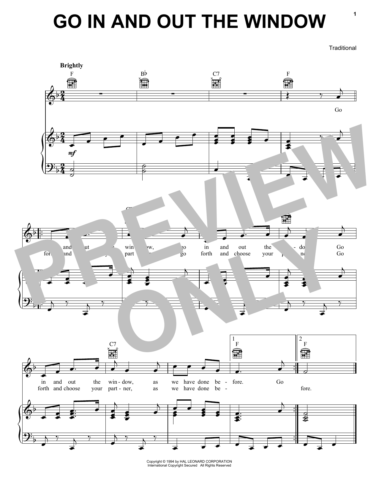 Pete Seeger Go In And Out The Window Sheet Music Notes & Chords for Piano, Vocal & Guitar Chords (Right-Hand Melody) - Download or Print PDF