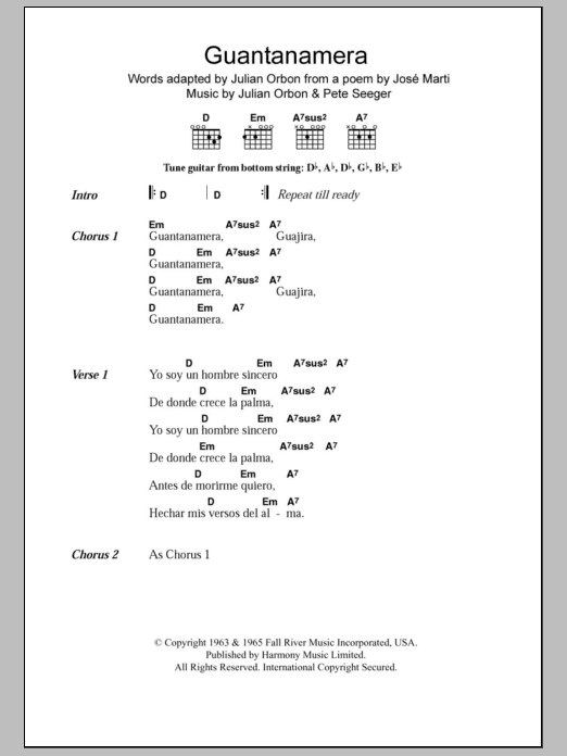 Pete Seeger Guantanamera Sheet Music Notes & Chords for Lyrics & Chords - Download or Print PDF