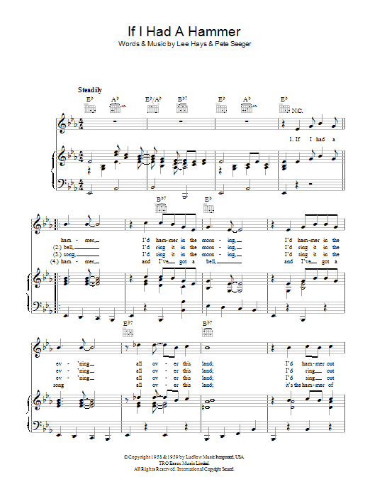Pete Seeger If I Had A Hammer Sheet Music Notes & Chords for Piano, Vocal & Guitar (Right-Hand Melody) - Download or Print PDF
