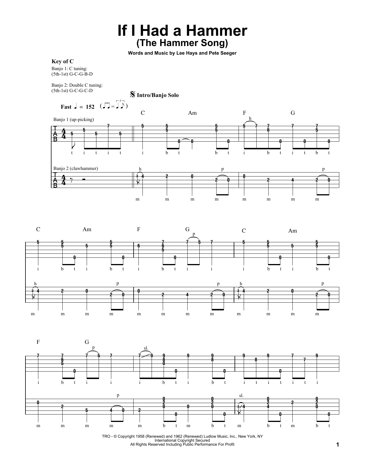 Pete Seeger If I Had A Hammer (The Hammer Song) Sheet Music Notes & Chords for Banjo - Download or Print PDF