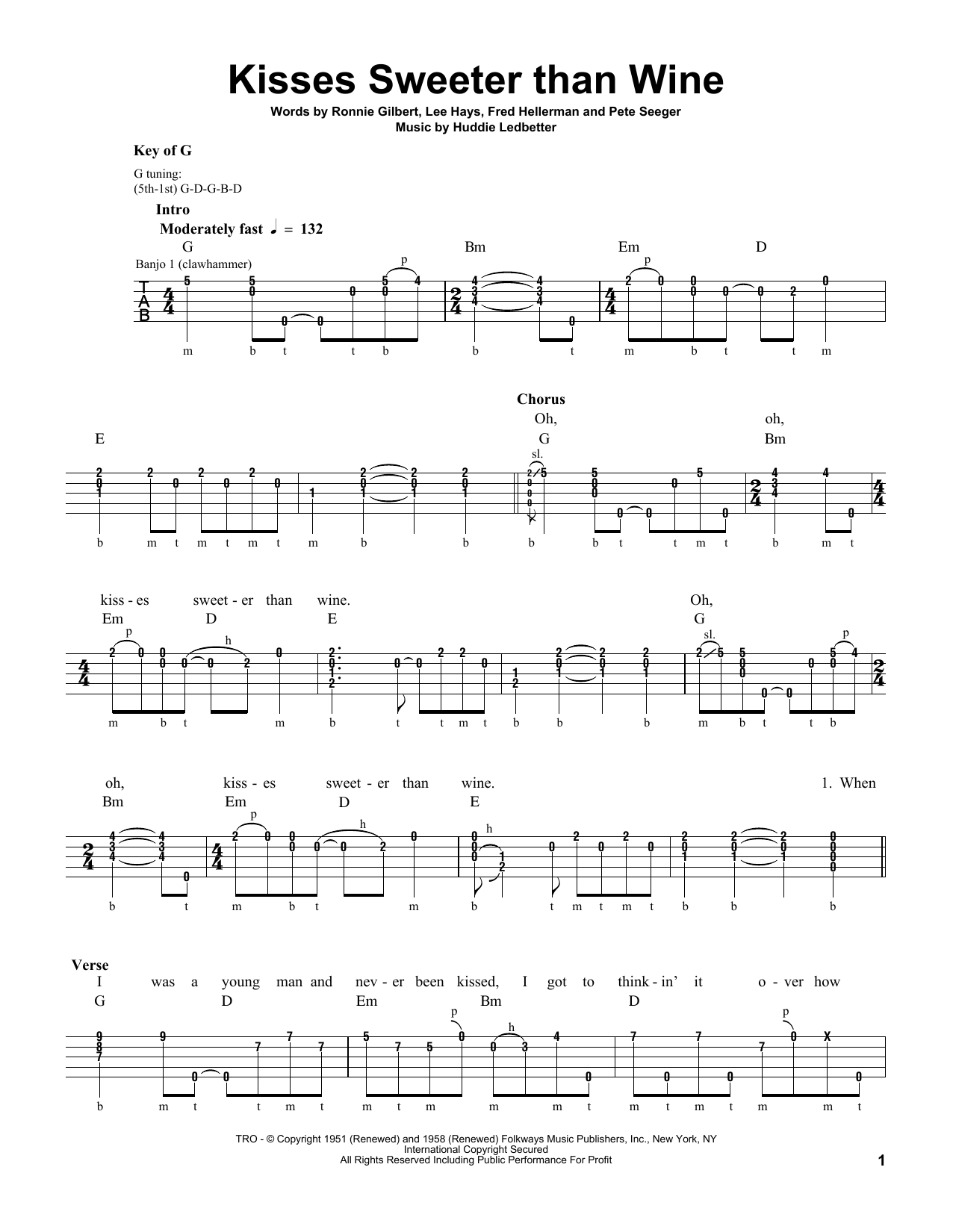Pete Seeger Kisses Sweeter Than Wine Sheet Music Notes & Chords for Banjo - Download or Print PDF