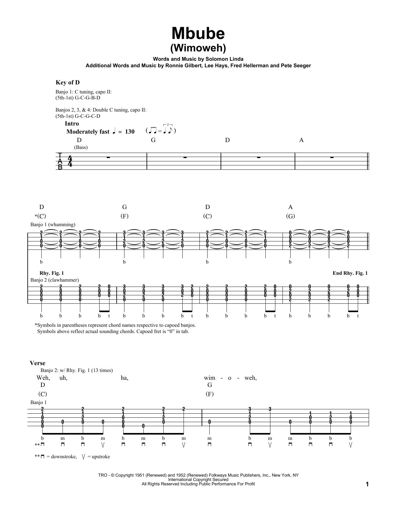Pete Seeger Mbube (Wimoweh) Sheet Music Notes & Chords for Banjo - Download or Print PDF