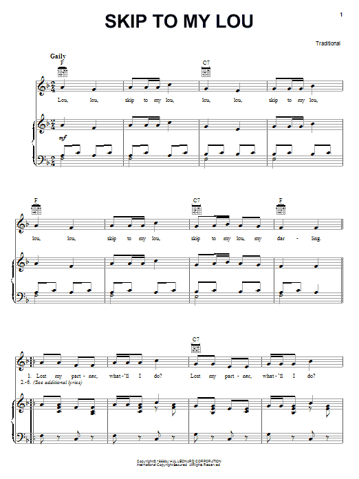 Pete Seeger Skip To My Lou Sheet Music Notes & Chords for Piano, Vocal & Guitar (Right-Hand Melody) - Download or Print PDF