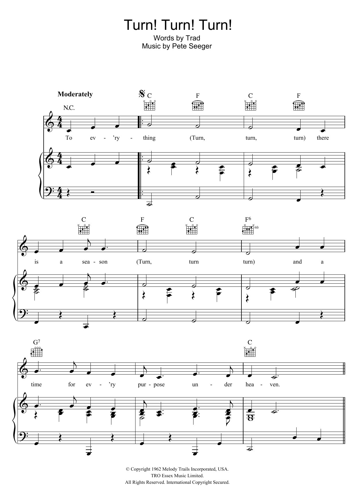 Pete Seeger Turn! Turn! Turn! Sheet Music Notes & Chords for Piano, Vocal & Guitar (Right-Hand Melody) - Download or Print PDF