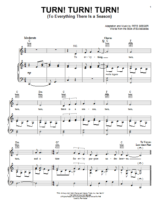 Pete Seeger Turn! Turn! Turn! (To Everything There Is A Season) Sheet Music Notes & Chords for Piano, Vocal & Guitar (Right-Hand Melody) - Download or Print PDF