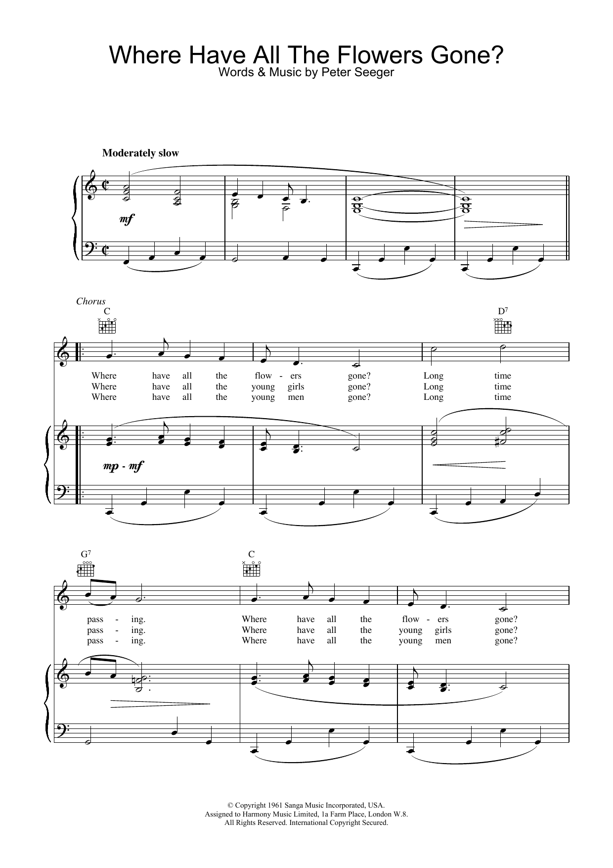 Pete Seeger Where Have All The Flowers Gone Sheet Music Notes & Chords for Piano, Vocal & Guitar (Right-Hand Melody) - Download or Print PDF