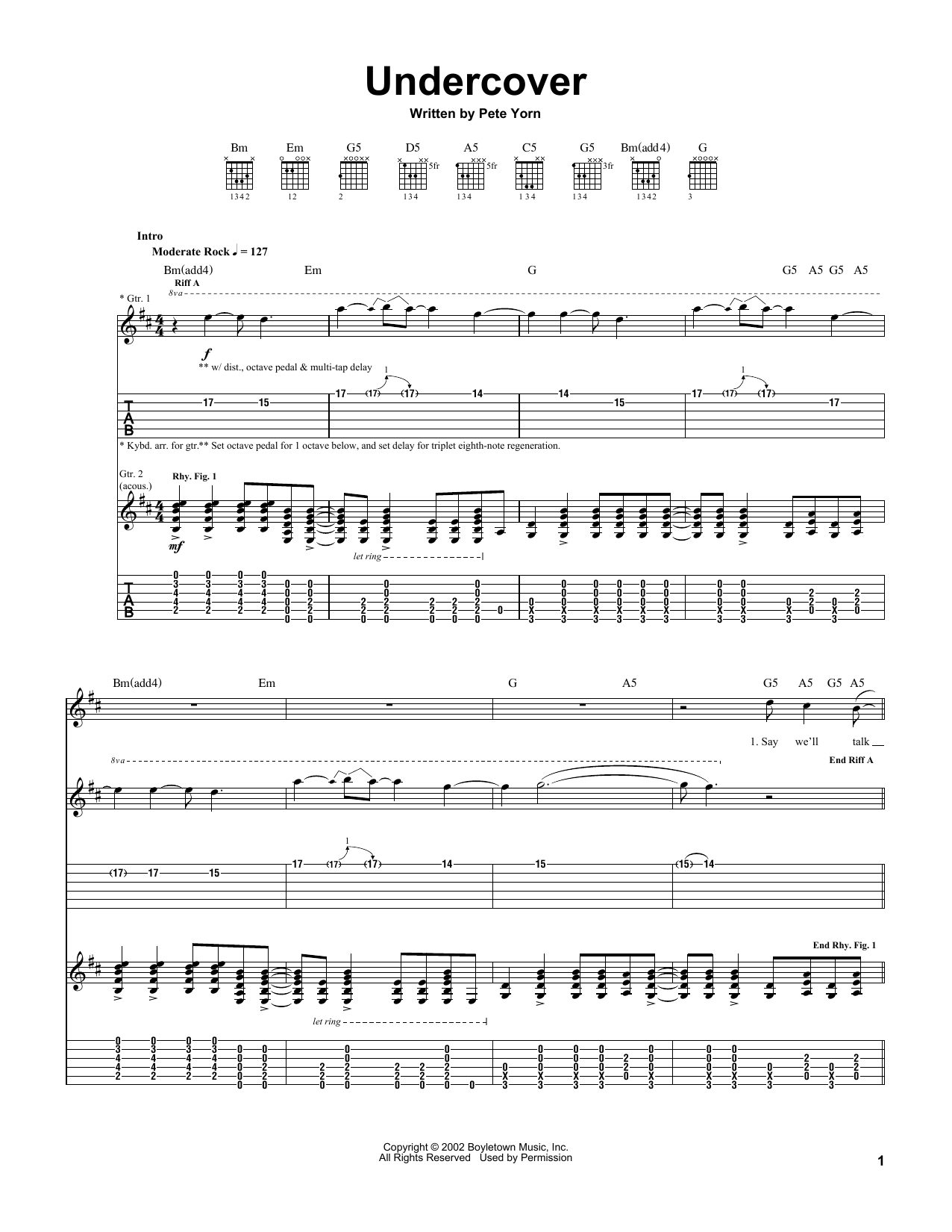 Pete Yorn Undercover Sheet Music Notes & Chords for Guitar Tab - Download or Print PDF
