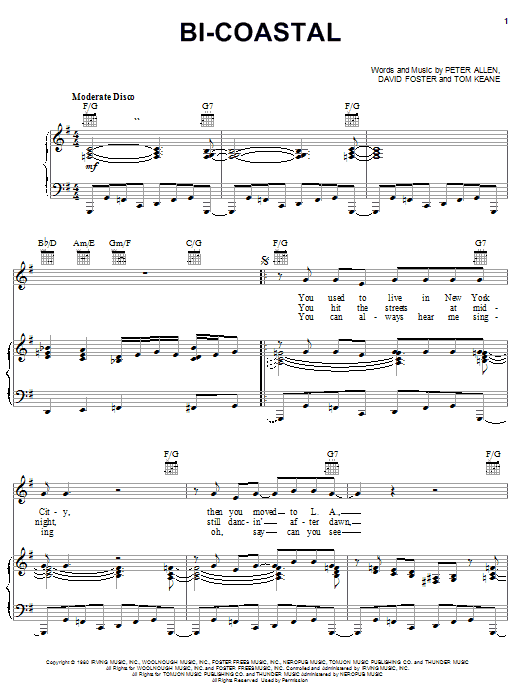 Peter Allen Bi-Coastal Sheet Music Notes & Chords for Piano, Vocal & Guitar (Right-Hand Melody) - Download or Print PDF