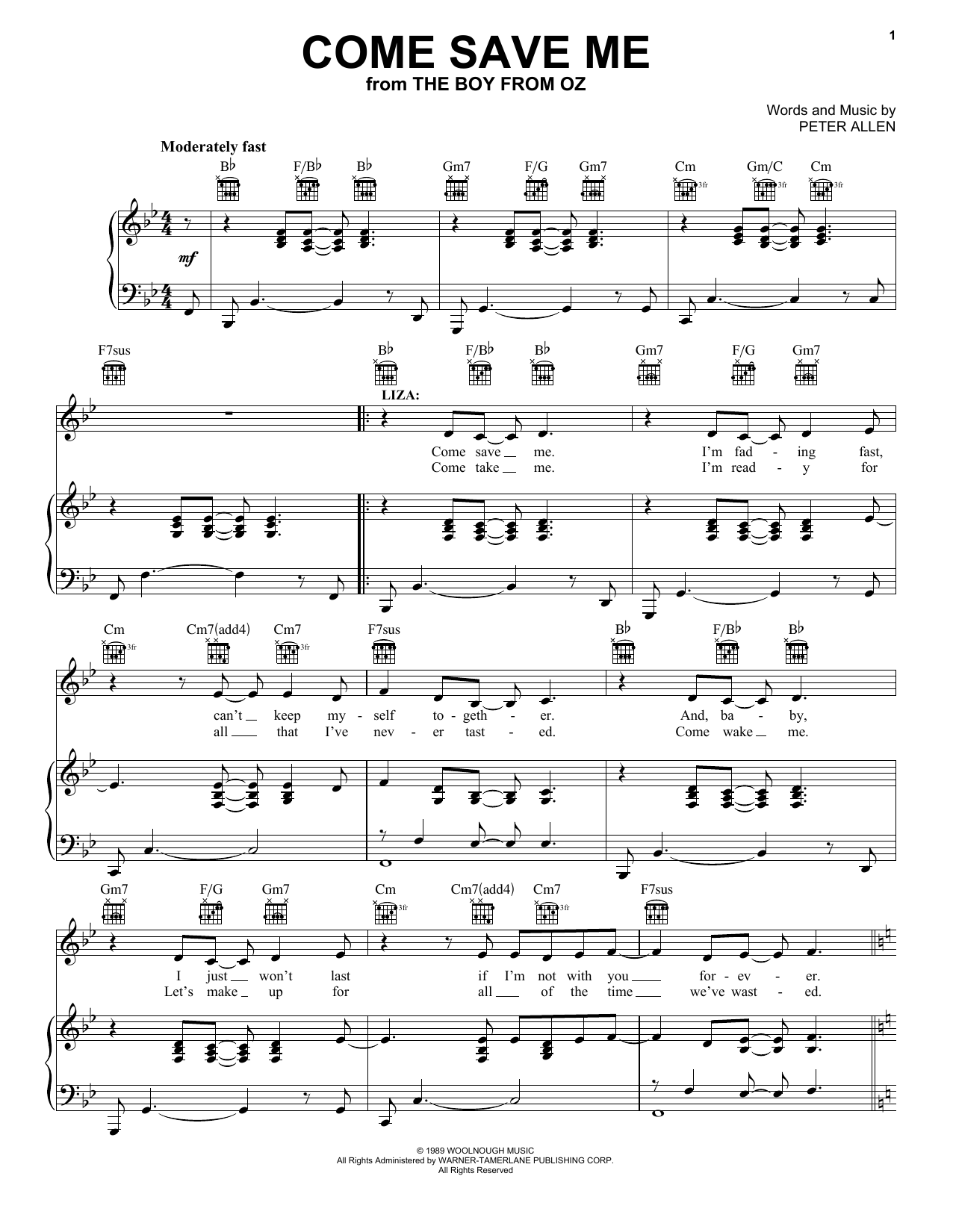 Peter Allen Come Save Me Sheet Music Notes & Chords for Piano, Vocal & Guitar (Right-Hand Melody) - Download or Print PDF