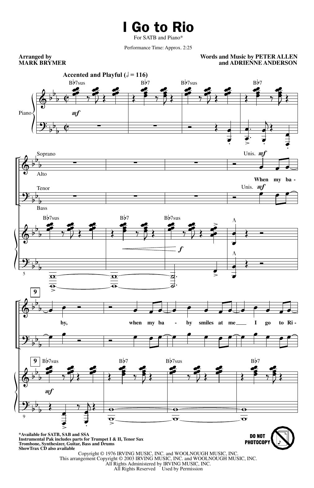 Peter Allen & Adrienne Anderson I Go To Rio (arr. Mark Brymer) Sheet Music Notes & Chords for SAB Choir - Download or Print PDF