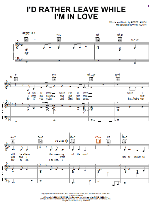 Peter Allen I'd Rather Leave While I'm In Love Sheet Music Notes & Chords for Piano, Vocal & Guitar (Right-Hand Melody) - Download or Print PDF