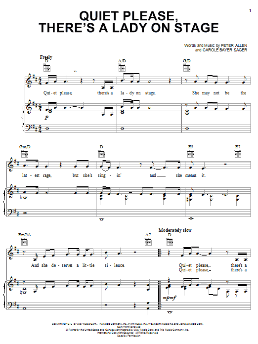 Peter Allen Quiet Please, There's A Lady On Stage Sheet Music Notes & Chords for Piano, Vocal & Guitar (Right-Hand Melody) - Download or Print PDF Peter Allen Quiet Please, There's A Lady On Stage Sheet Music Notes & Chords for Piano, Vocal & Guitar (Right-Hand Melody) - Download or Print PDF