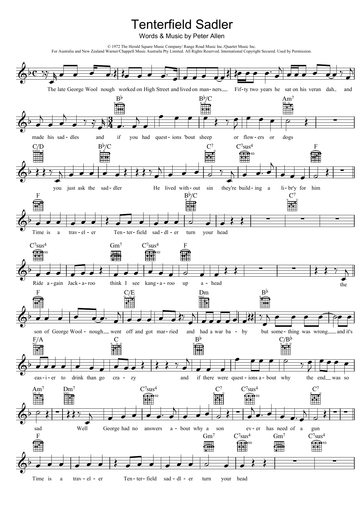 Peter Allen Tenterfield Saddler Sheet Music Notes & Chords for Melody Line, Lyrics & Chords - Download or Print PDF