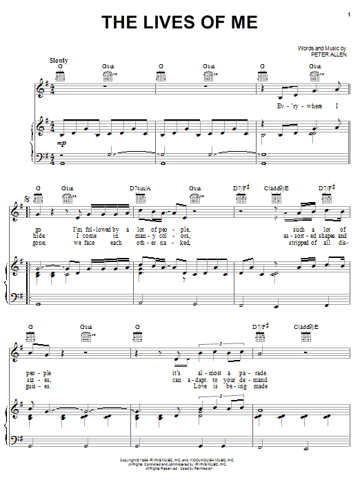 Peter Allen The Lives Of Me Sheet Music Notes & Chords for Piano, Vocal & Guitar (Right-Hand Melody) - Download or Print PDF