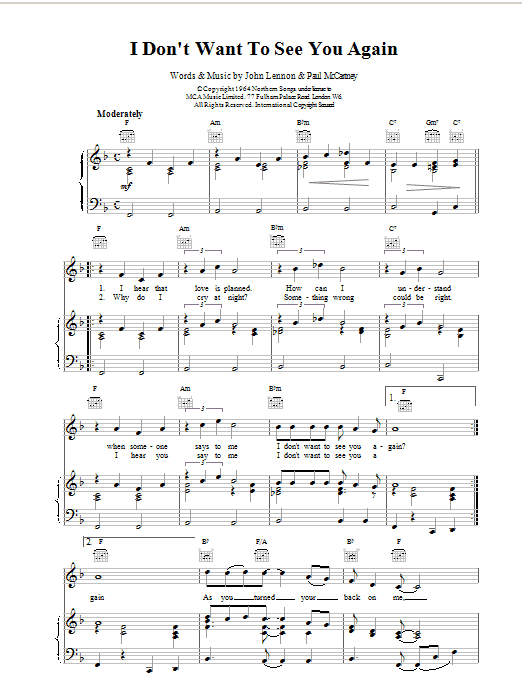 Peter and Gordon I Don't Want To See You Again Sheet Music Notes & Chords for Piano, Vocal & Guitar (Right-Hand Melody) - Download or Print PDF