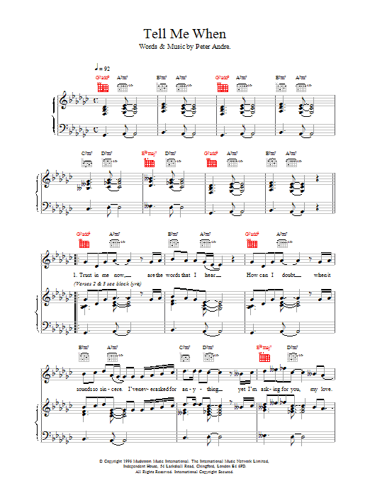 Peter André Tell Me When Sheet Music Notes & Chords for Piano, Vocal & Guitar (Right-Hand Melody) - Download or Print PDF