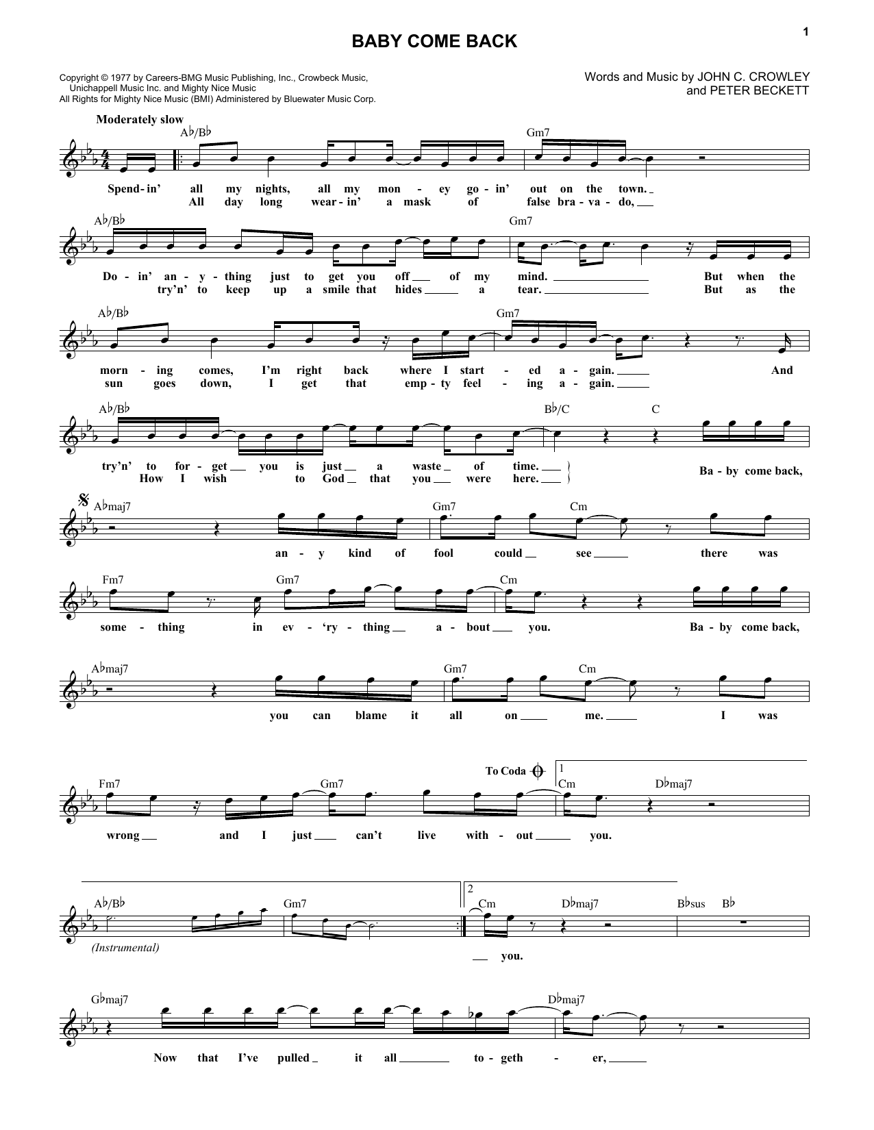 Peter Beckett Baby Come Back Sheet Music Notes & Chords for Melody Line, Lyrics & Chords - Download or Print PDF