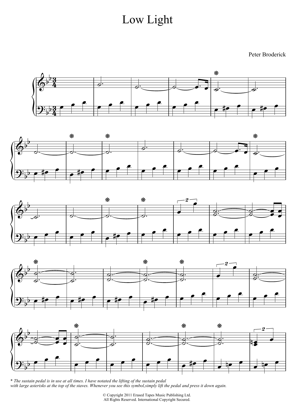 Peter Broderick Low Light Sheet Music Notes & Chords for Piano Solo - Download or Print PDF