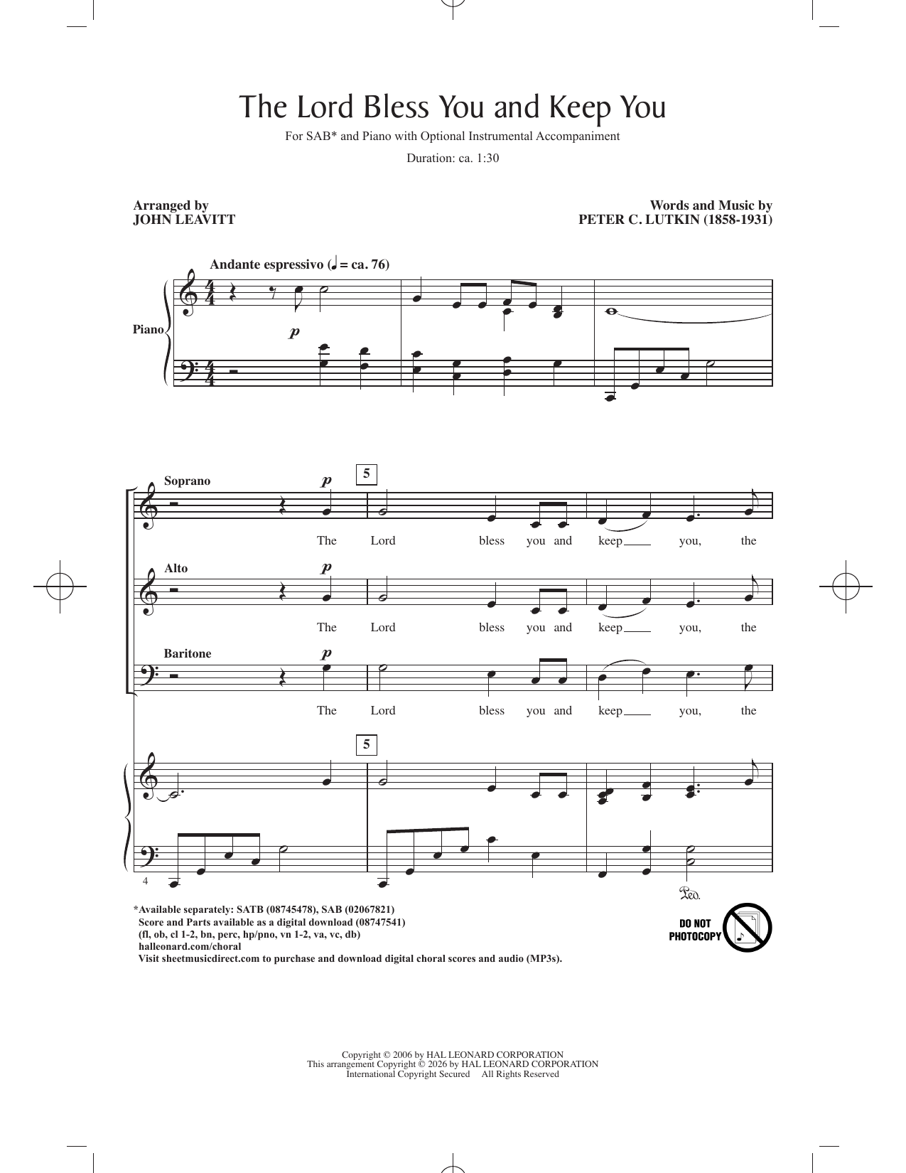 Peter C. Lutkin The Lord Bless You And Keep You (arr. John Leavitt) Sheet Music Notes & Chords for SAB Choir - Download or Print PDF