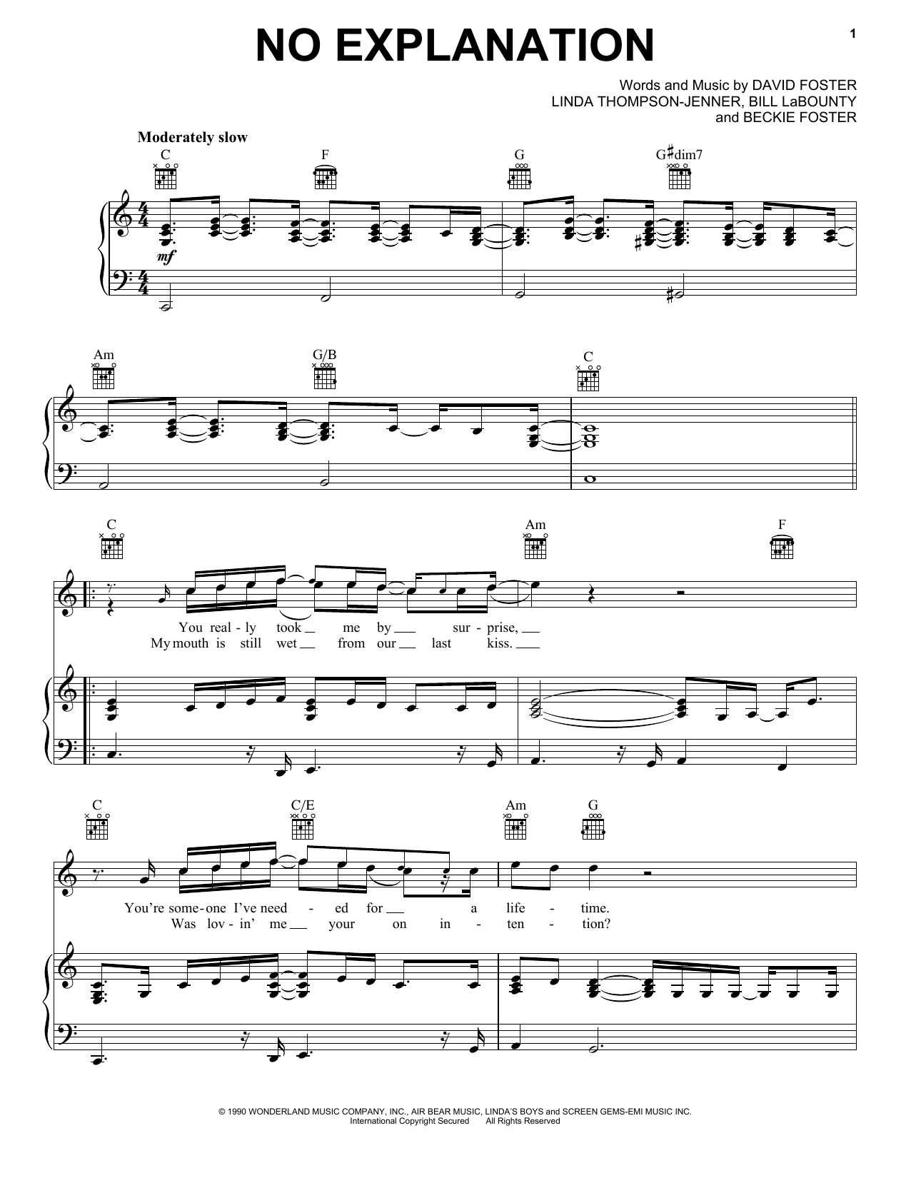 Peter Cetera No Explanation (from Pretty Woman) Sheet Music Notes & Chords for Piano, Vocal & Guitar (Right-Hand Melody) - Download or Print PDF