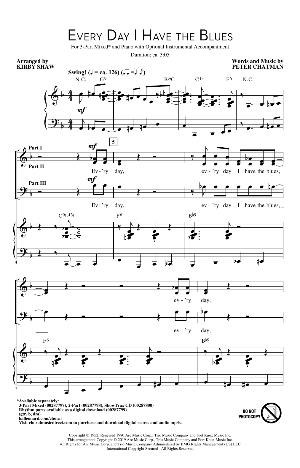 Peter Chatman Every Day I Have The Blues (arr. Kirby Shaw) Sheet Music Notes & Chords for 3-Part Mixed Choir - Download or Print PDF