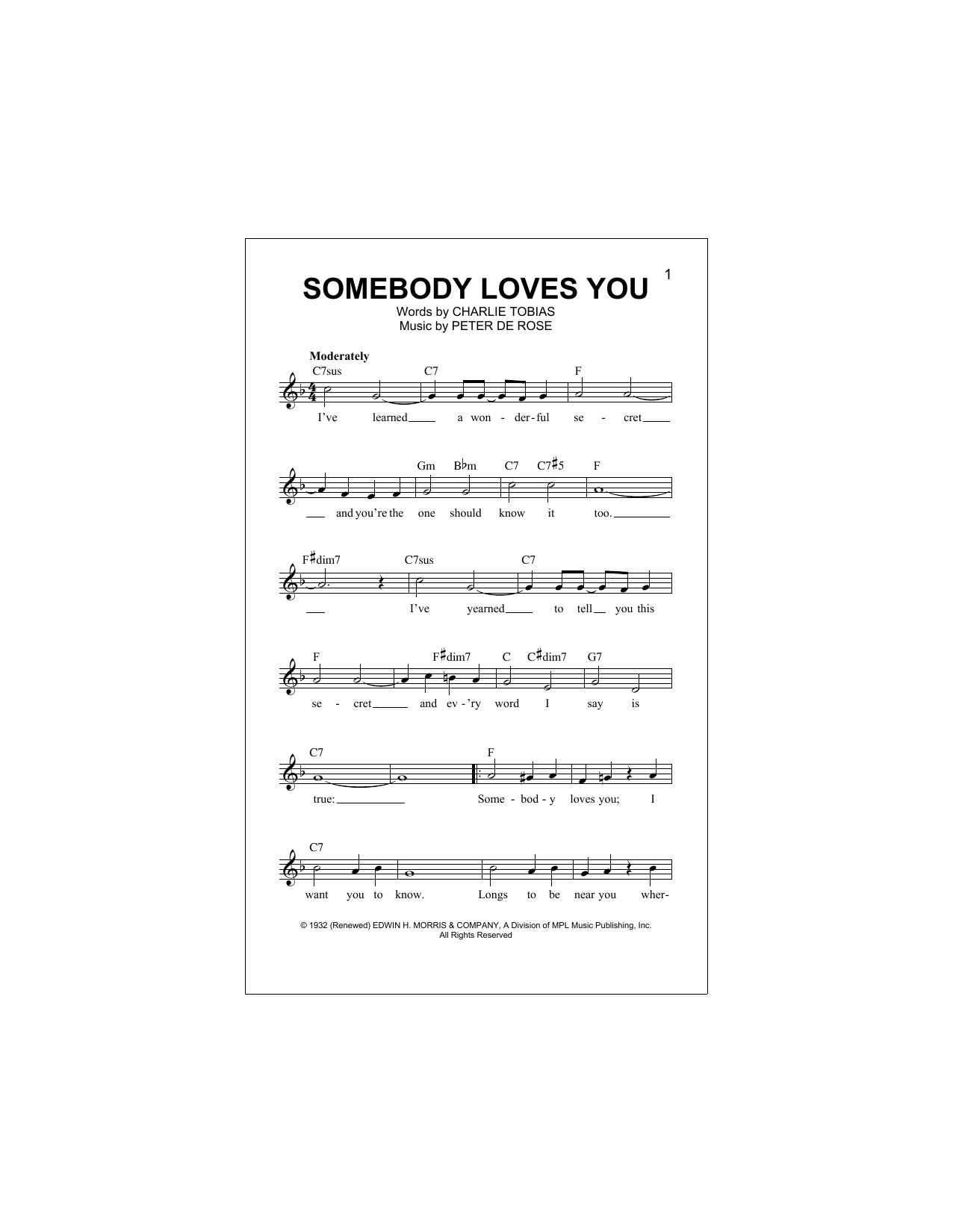 Peter De Rose Somebody Loves You Sheet Music Notes & Chords for Lead Sheet / Fake Book - Download or Print PDF