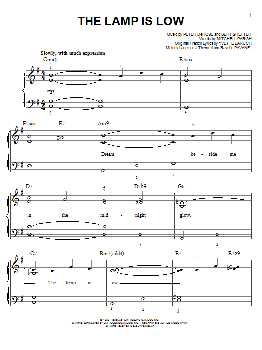 Peter De Rose The Lamp Is Low Sheet Music Notes & Chords for Easy Piano - Download or Print PDF