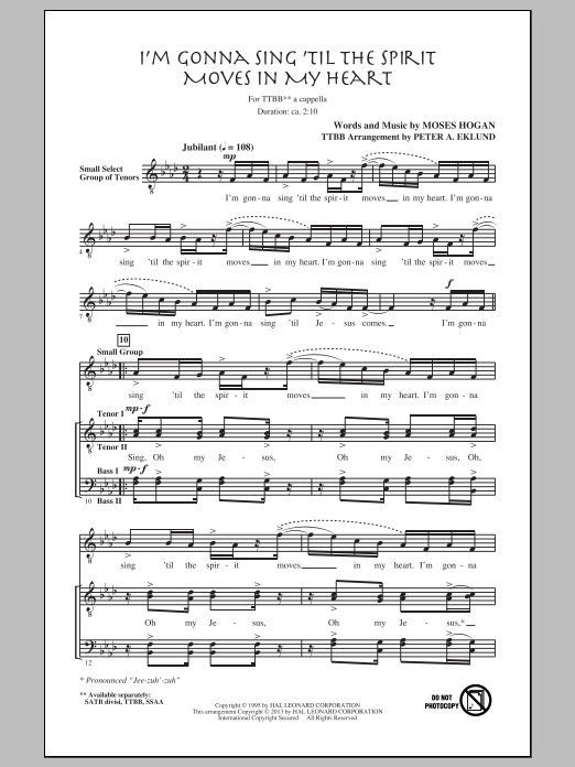 Moses Hogan I'm Gonna Sing 'Til The Spirit Moves In My Heart (arr. Peter Eklund) Sheet Music Notes & Chords for TTBB - Download or Print PDF