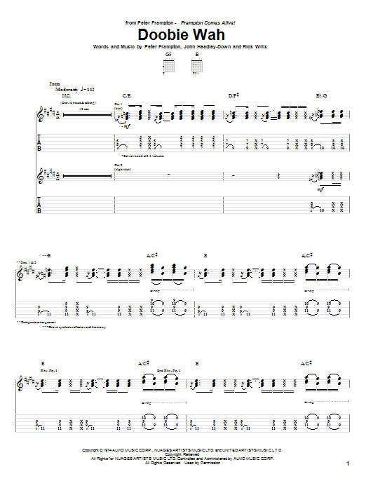 Peter Frampton Doobie Wah Sheet Music Notes & Chords for Guitar Tab - Download or Print PDF