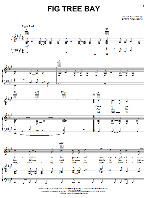 Peter Frampton Fig Tree Bay Sheet Music Notes & Chords for Piano, Vocal & Guitar (Right-Hand Melody) - Download or Print PDF