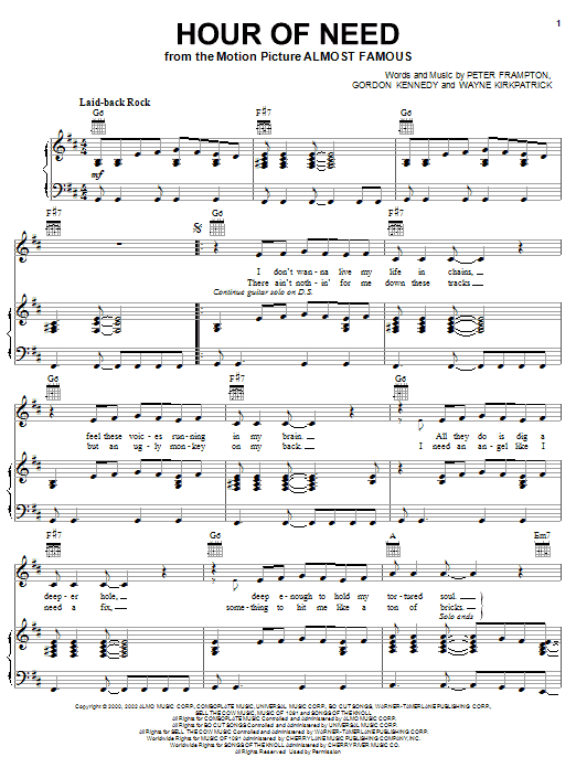 Peter Frampton Hour Of Need Sheet Music Notes & Chords for Piano, Vocal & Guitar (Right-Hand Melody) - Download or Print PDF