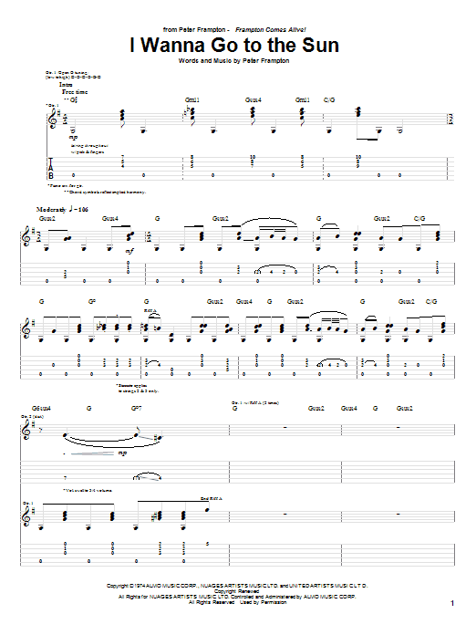 Peter Frampton I Wanna Go To The Sun Sheet Music Notes & Chords for Guitar Tab - Download or Print PDF