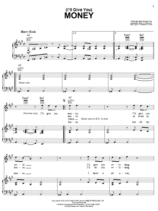 Peter Frampton (I'll Give You) Money Sheet Music Notes & Chords for Piano, Vocal & Guitar (Right-Hand Melody) - Download or Print PDF