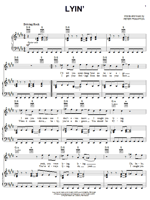 Peter Frampton Lyin' Sheet Music Notes & Chords for Piano, Vocal & Guitar (Right-Hand Melody) - Download or Print PDF