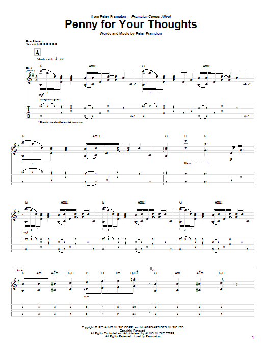 Peter Frampton Penny For Your Thoughts Sheet Music Notes & Chords for Guitar Tab - Download or Print PDF