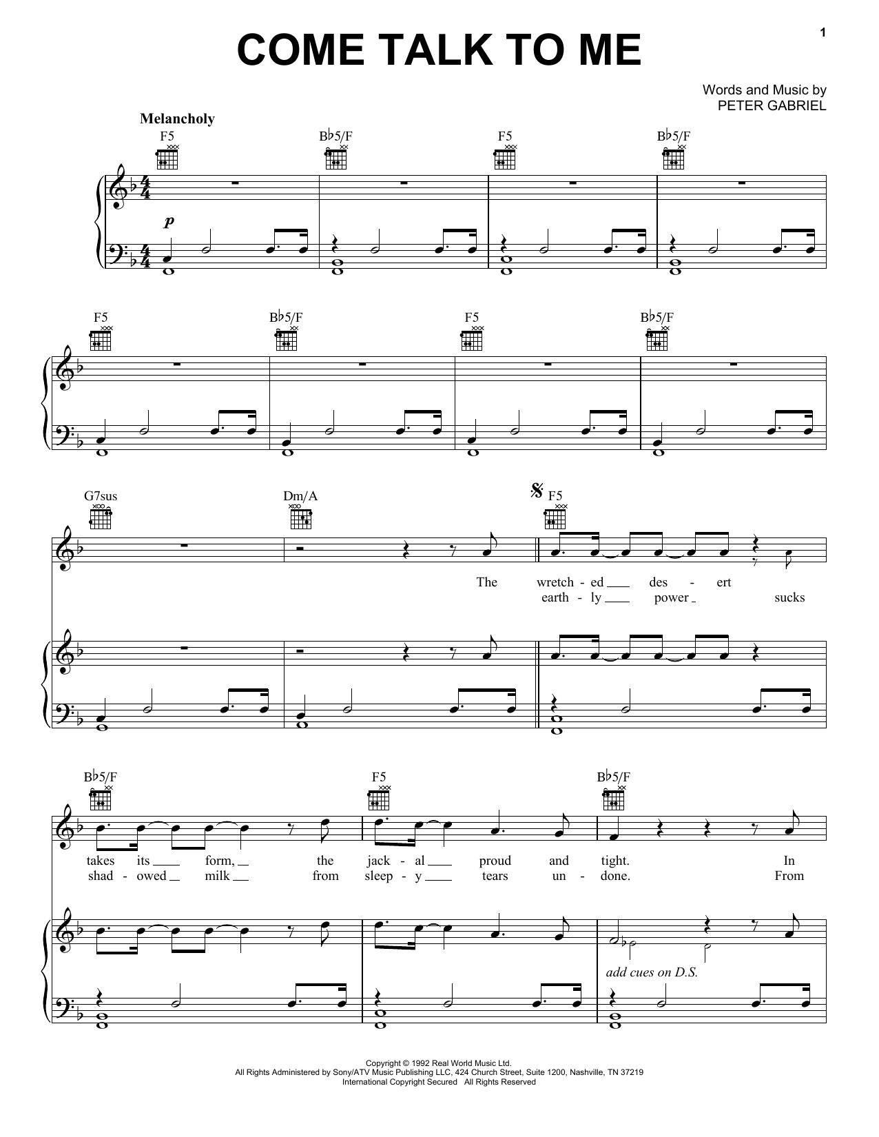 Peter Gabriel Come Talk To Me Sheet Music Notes & Chords for Piano, Vocal & Guitar (Right-Hand Melody) - Download or Print PDF