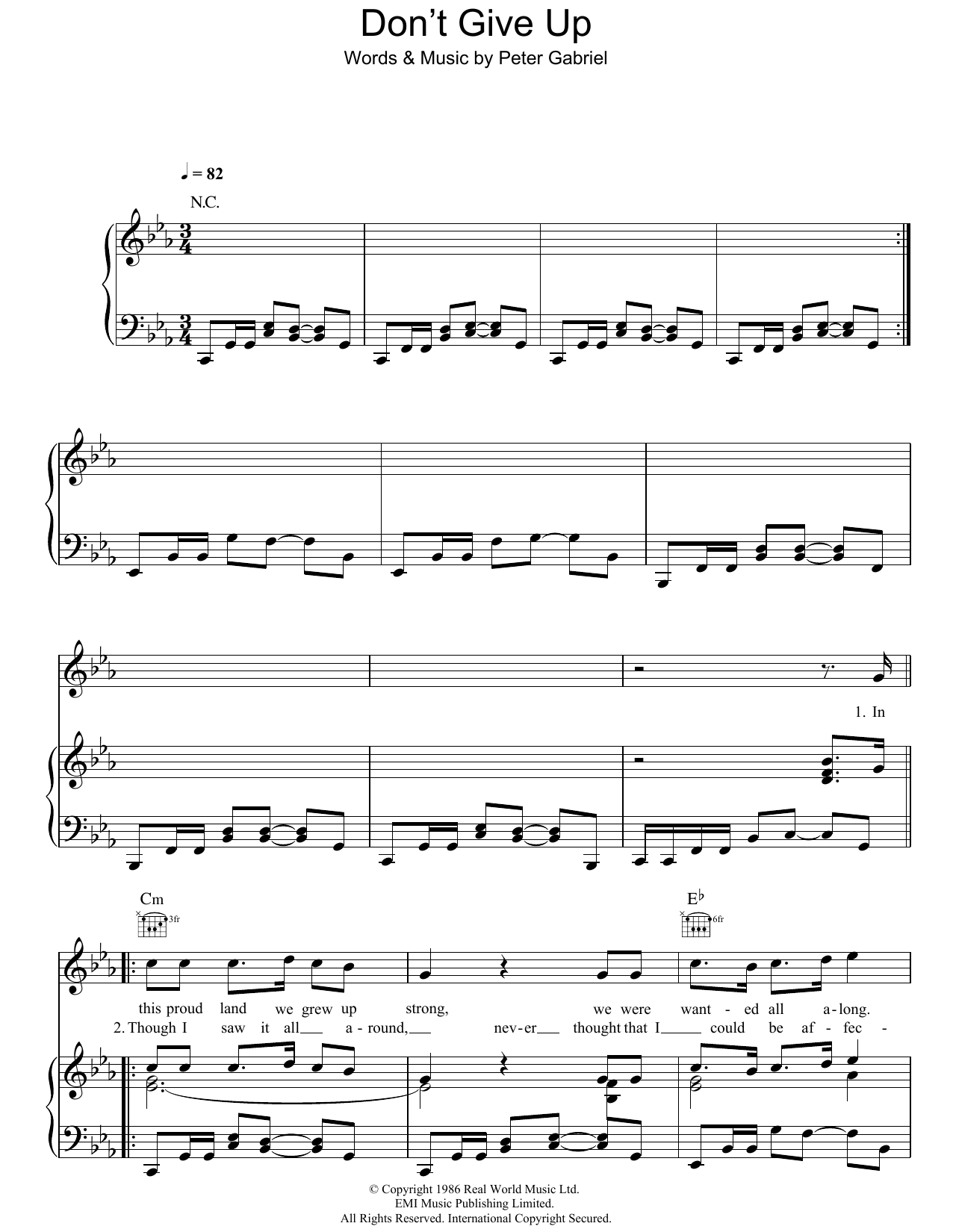 Kate Bush Don't Give Up Sheet Music Notes & Chords for Piano, Vocal & Guitar (Right-Hand Melody) - Download or Print PDF