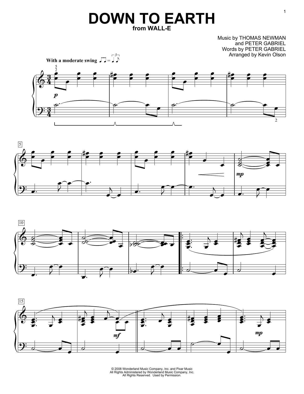 Peter Gabriel Down To Earth (from WALL-E) (arr. Kevin Olson) Sheet Music Notes & Chords for Easy Piano Solo - Download or Print PDF