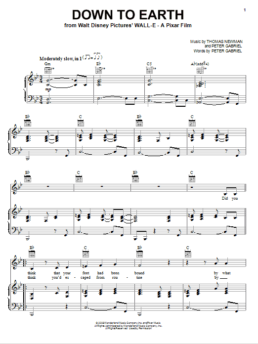 Peter Gabriel Down To Earth (from WALL-E) Sheet Music Notes & Chords for Piano, Vocal & Guitar (Right-Hand Melody) - Download or Print PDF