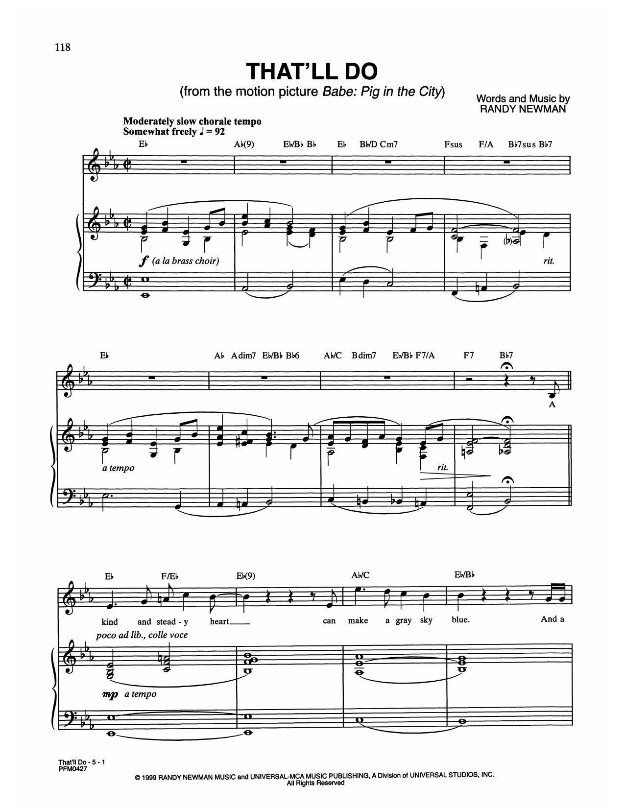 Peter Gabriel feat. Paddy Maloney & The Black Dyke Mills Band That'll Do (from Babe: Pig In The City) Sheet Music Notes & Chords for Piano & Vocal - Download or Print PDF