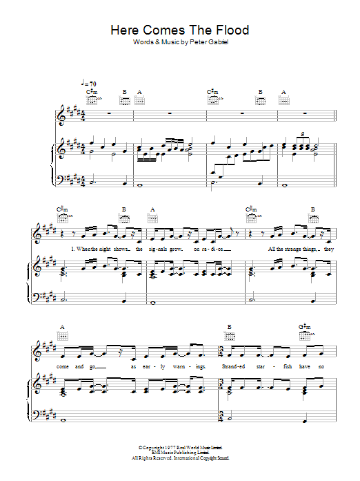 Peter Gabriel Here Comes The Flood Sheet Music Notes & Chords for Piano, Vocal & Guitar (Right-Hand Melody) - Download or Print PDF