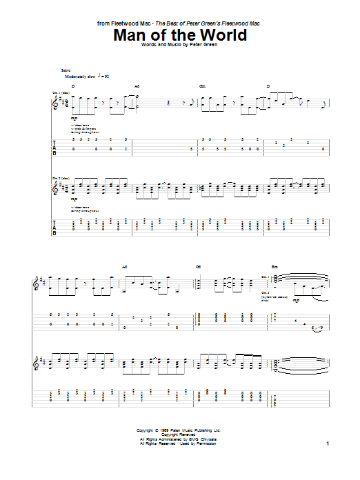 Peter Green Man Of The World Sheet Music Notes & Chords for Guitar Tab - Download or Print PDF
