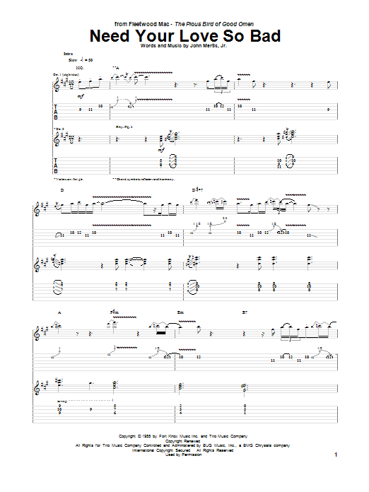 Peter Green Need Your Love So Bad Sheet Music Notes & Chords for Guitar Tab - Download or Print PDF