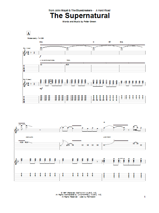 Peter Green The Supernatural Sheet Music Notes & Chords for Guitar Tab - Download or Print PDF