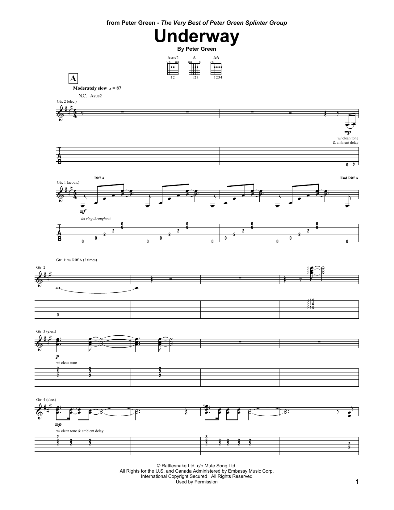 Peter Green Underway Sheet Music Notes & Chords for Guitar Tab - Download or Print PDF