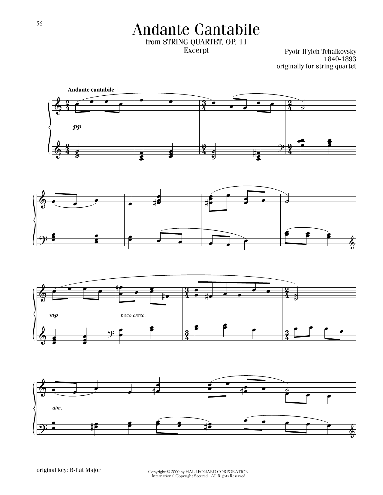 Pyotr Il'yich Tchaikovsky Andante Cantabile Sheet Music Notes & Chords for Piano Solo - Download or Print PDF
