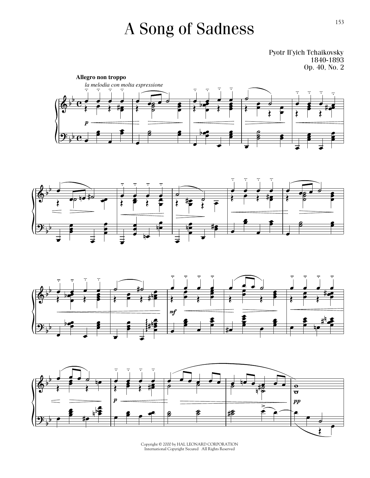 Pyotr Il'yich Tchaikovsky Chanson Triste, Op. 40, No. 2 Sheet Music Notes & Chords for Piano Solo - Download or Print PDF